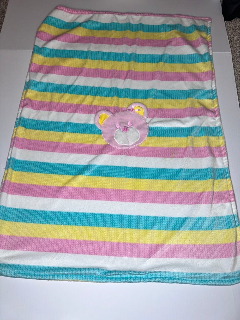 Baby Starters Blanket Pink Teal White Yellow Stripe Bear Face Security Lovey